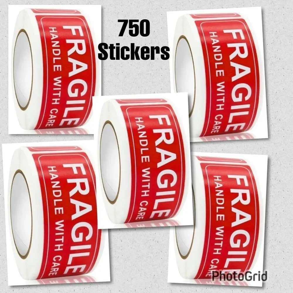 New 750 Pcs. FRAGILE HANDLE WITH CARE Red Stickers 5 Rolls with 150 each 3”x1”
